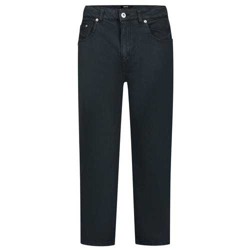 Smokey black stretch jeans, full front flat view.